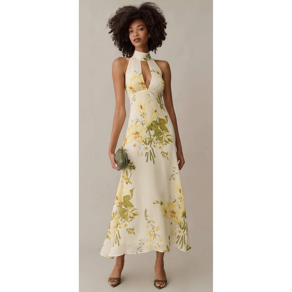 o.p.t One Pretty Time Floral Halter Maxi Dress Cream Yellow Size 10 T26WDRP00890